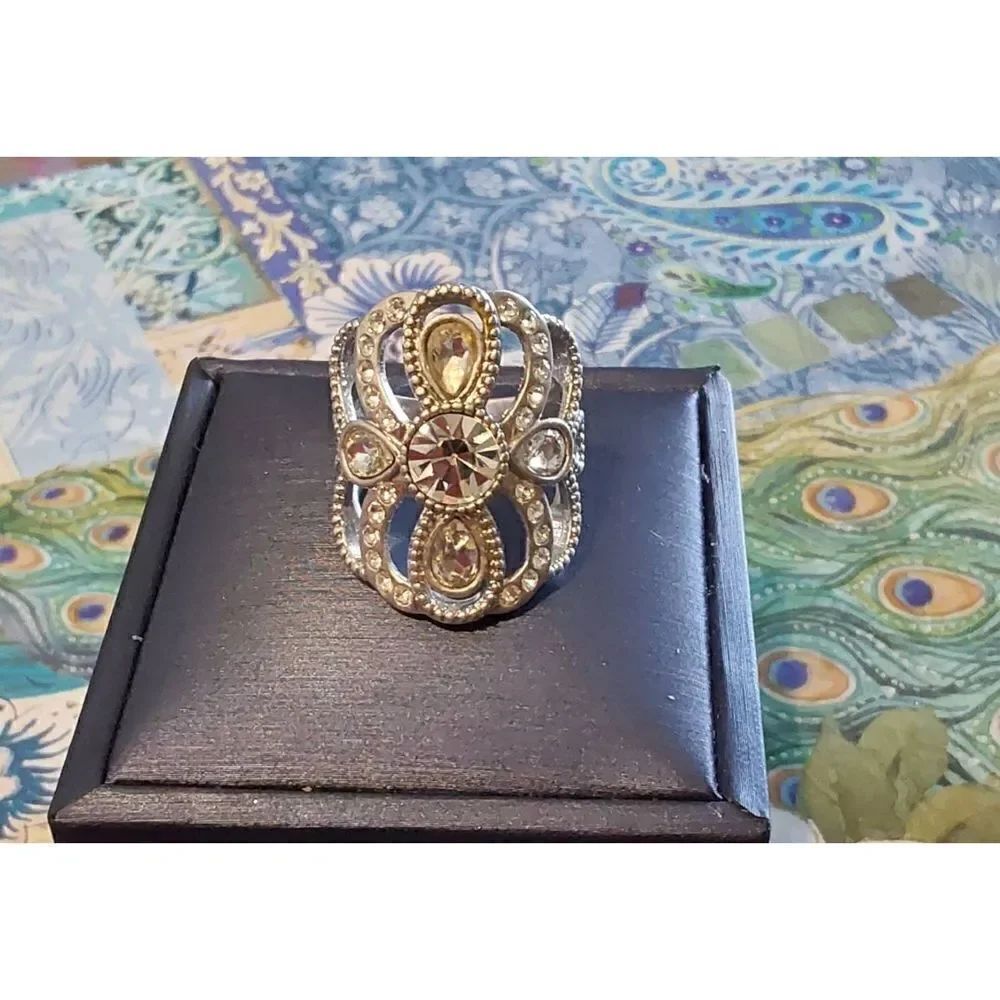 Gorgeous Rhinestone Studded Lia Sophia Wide Statement Ring Sz 8